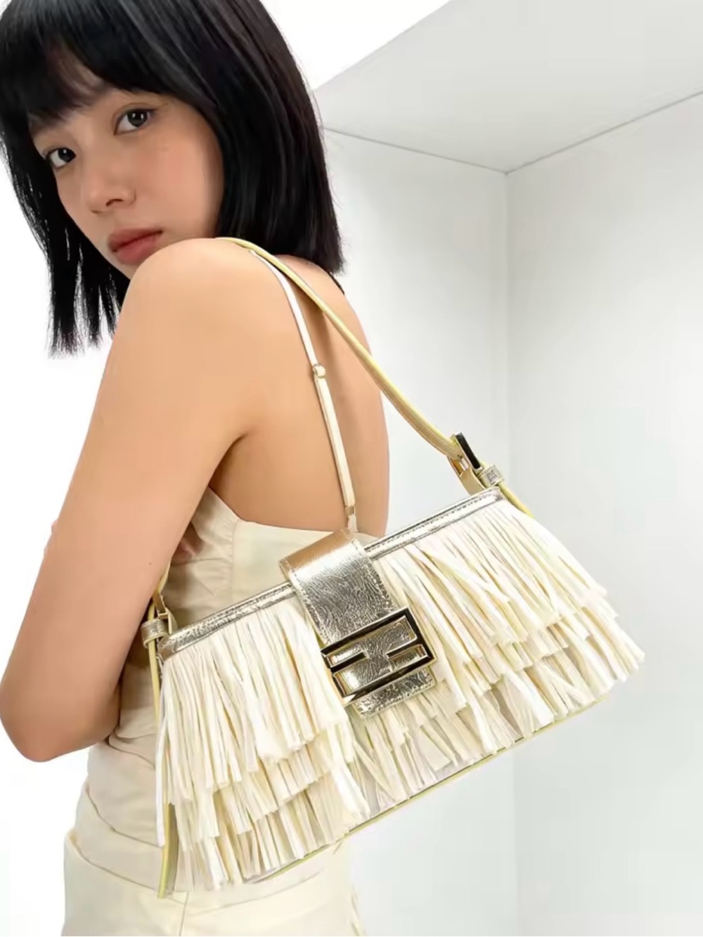 Fringed Shoulder Bag in Cream with Gold Accent